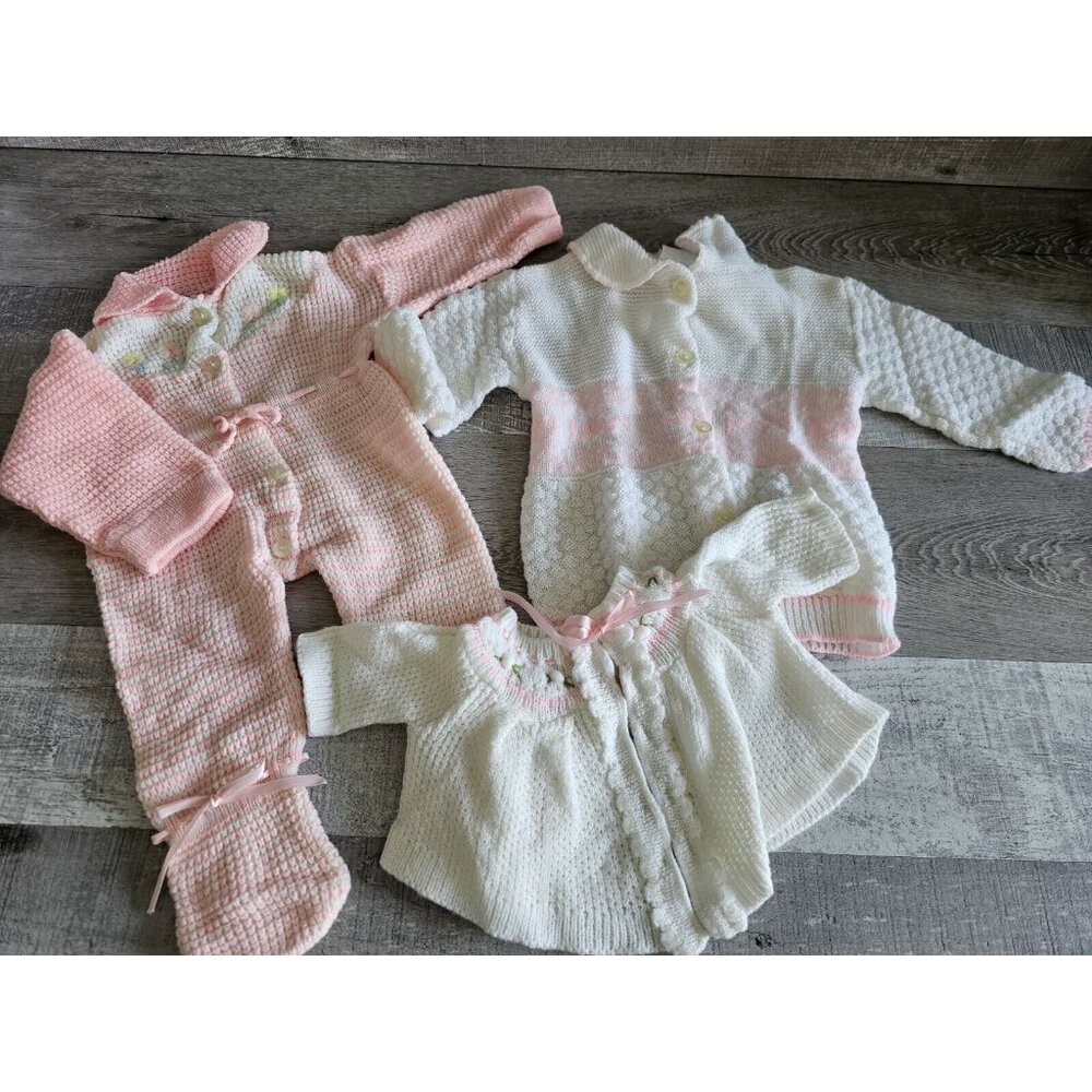 Vintage Anastasia Size 0-6 Months Girl Pink Cardigan Acrylic Sweater Lot 1990s